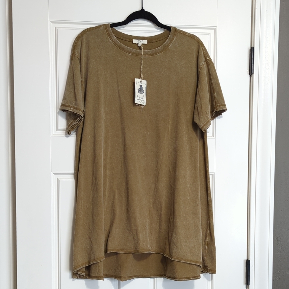 Easel Cotton Mineral Wash Shirt Sleeve Tunic Top Small, Brown Olive